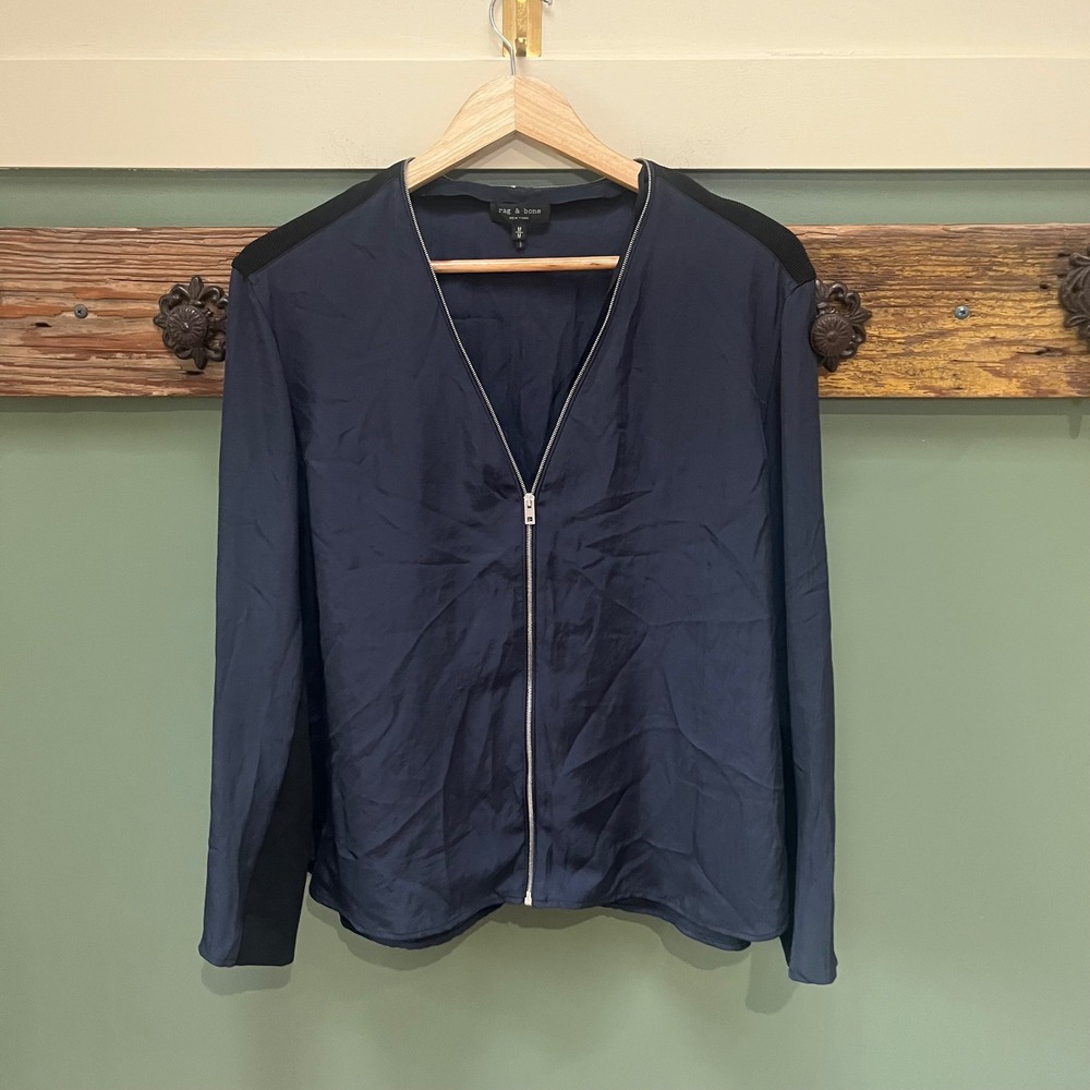 Rag & Bone Navy Blue Zip Front V-Neck Blouse with Black Contrast Ribbed Trim M